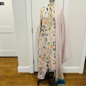 Pastel Tea Pink Printed Cotton 3 Piece Suit with Gold Embroidery Border